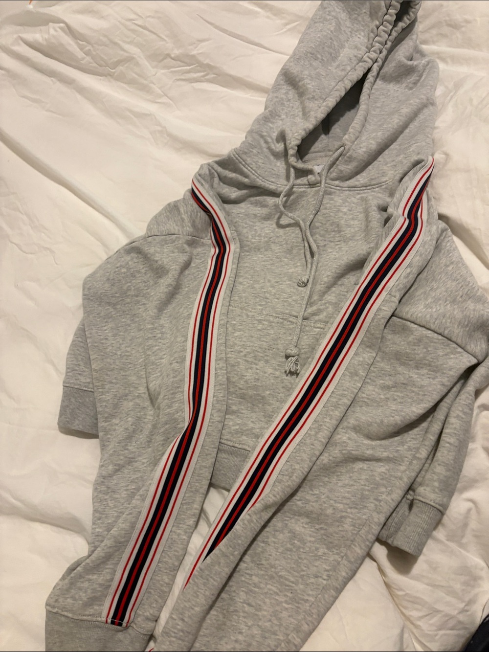TNA Light Gray Hoodie with Red, Navy & White Stripe Detail